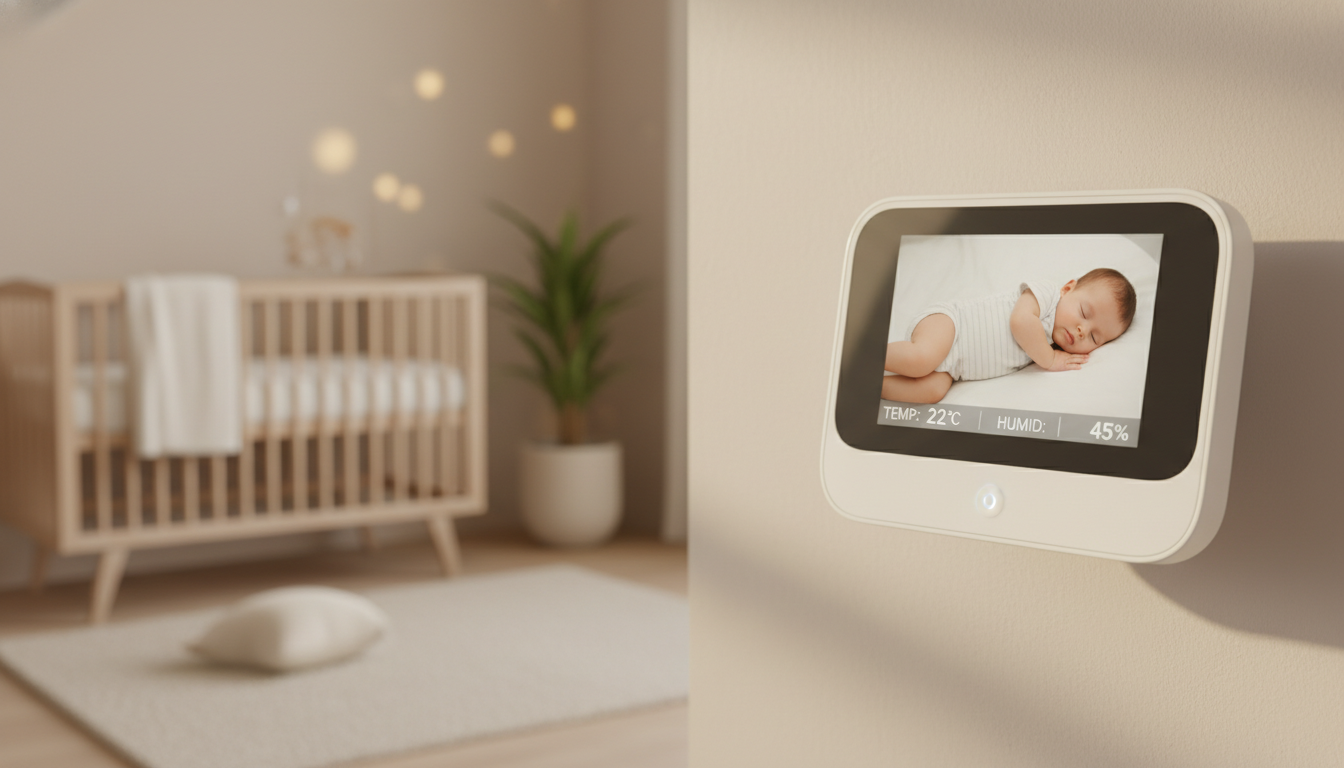 A modern baby monitor camera mounted on a nursery wall with a smartphone displaying the live feed on a bedside table