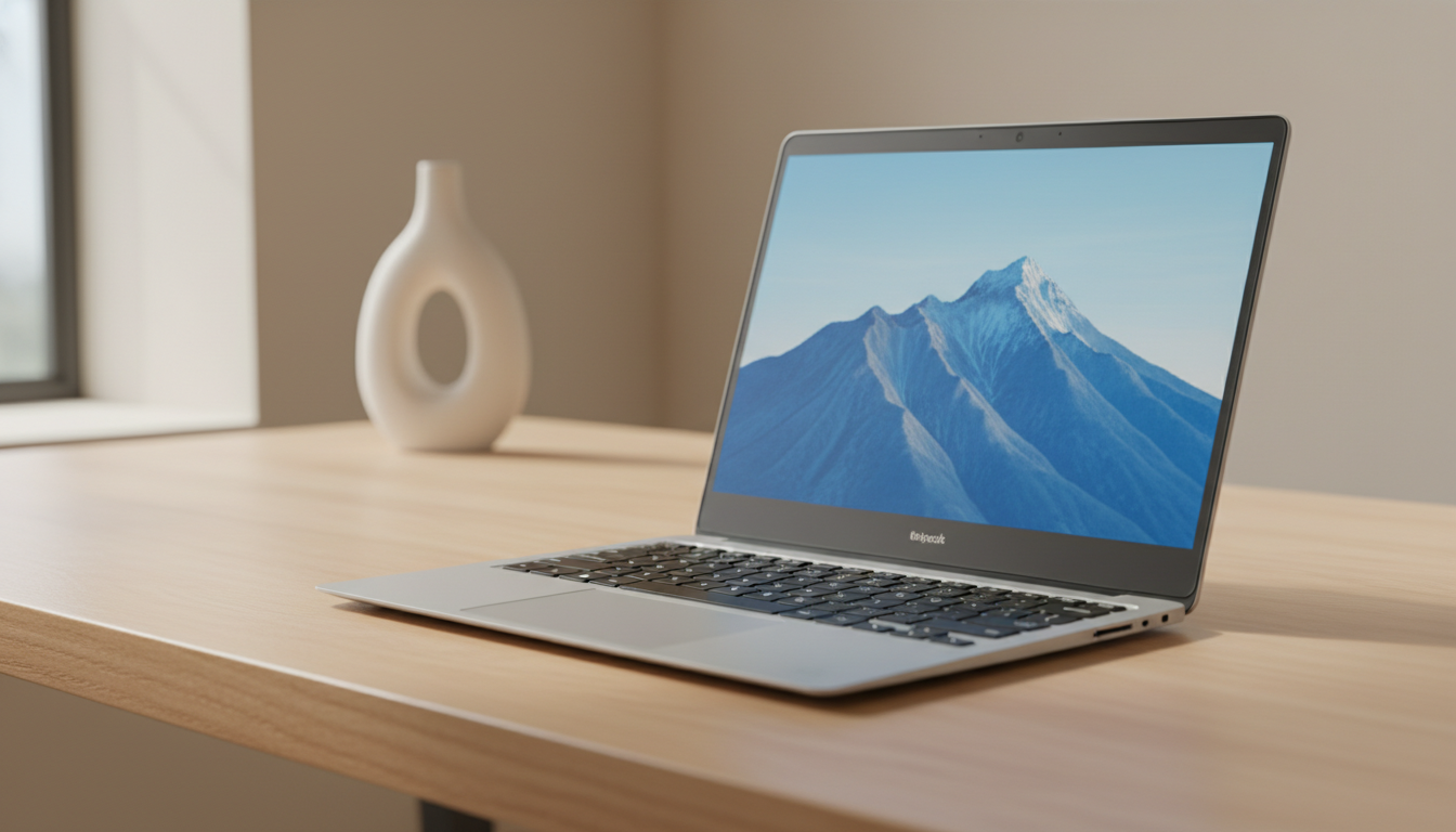 A Chromebook laptop open on a wooden desk beside a stack of notebooks and a coffee mug in natural morning light.