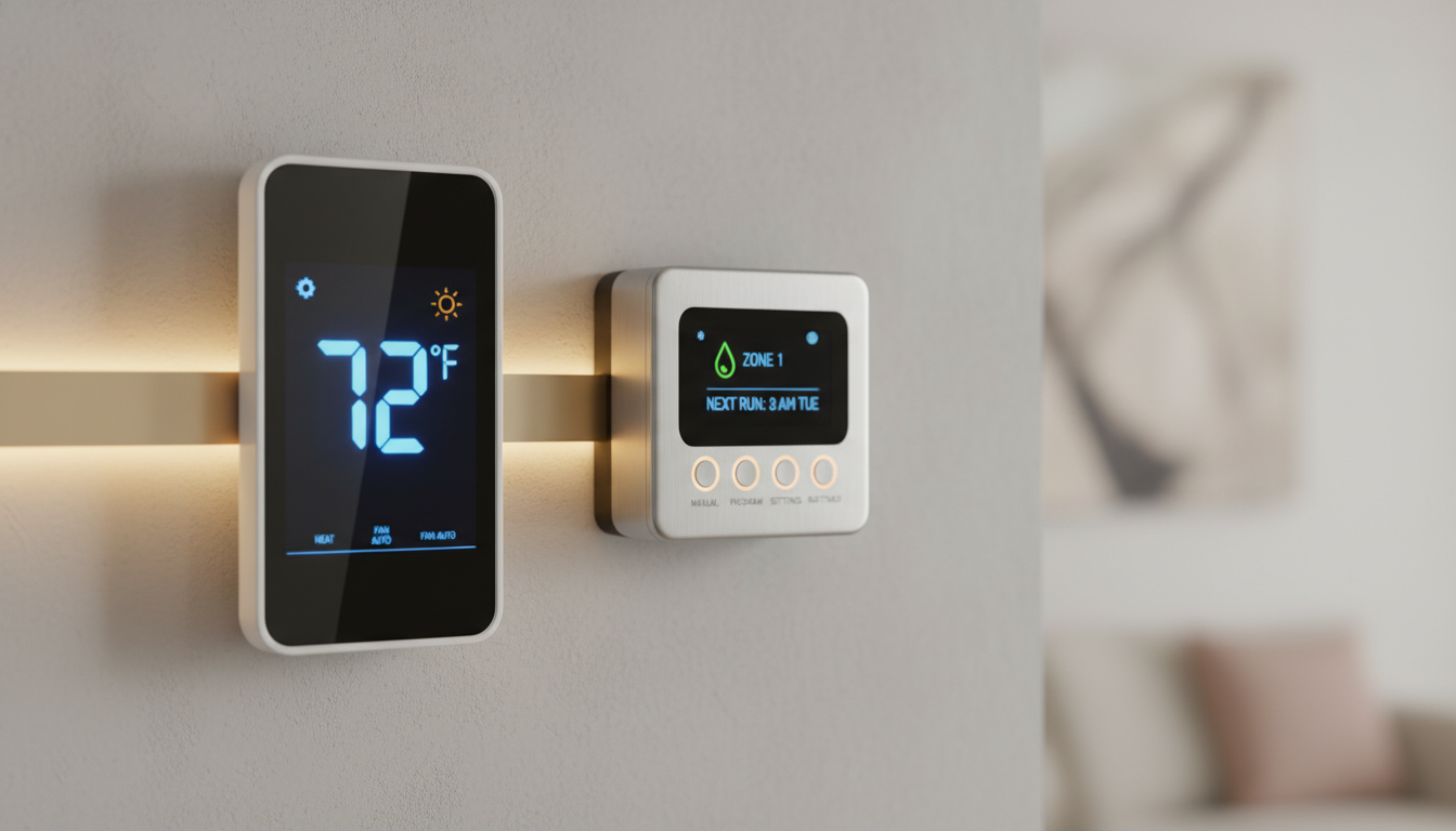 A smart thermostat mounted on an interior wall next to a smartphone displaying a sprinkler controller app