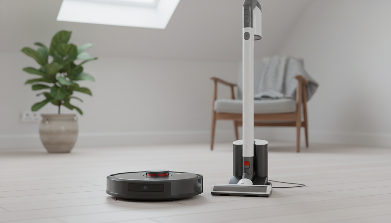 A robot vacuum cleaning a hardwood floor beside a cordless stick vacuum leaning against a wall in a modern living room